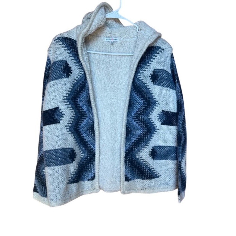 Woven Heart Blue Cream Southwestern Hooded Cardigan Faux Shearling Lined Small